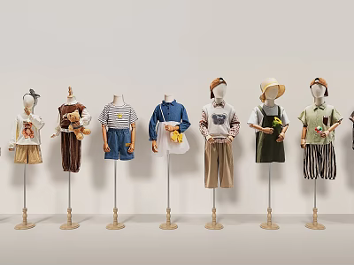 Mannequins Displaying Various Casual Outfits With Hats And Bags In Studio 3d model