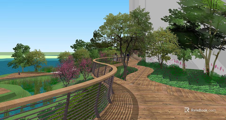 Waterfront Landscape with Wooden Walkway Curved Railings Lush Trees and Flowering Plants 3d model 