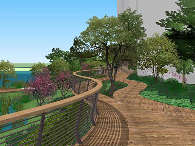 Waterfront Landscape with Wooden Walkway Curved Railings Lush Trees and Flowering Plants 3d model