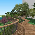 Waterfront Landscape with Wooden Walkway Curved Railings Lush Trees and Flowering Plants