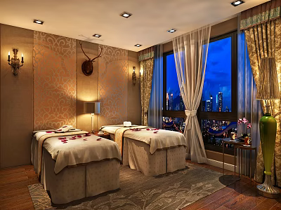 Luxury SPA Massage Room with Two Beds Flower Petals and City Night View 3d model