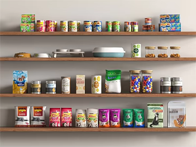 Neatly Arranged Wooden Shelves With Various Food Cans Boxes And Jars 3d model