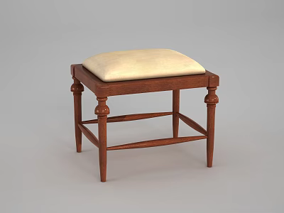 Wooden Sofa Stool with Light Colored Padded Seat and Carved Legs Design 3d model