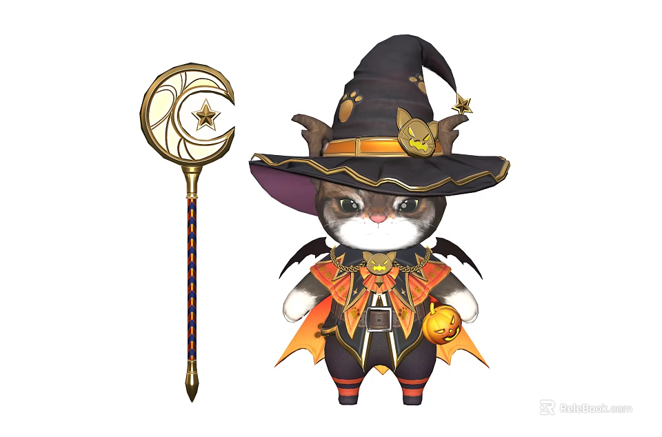 Cute Cat Game and Movie Character With Witch Hat Bat Wings Pumpkin And Magic Staff 3d model 