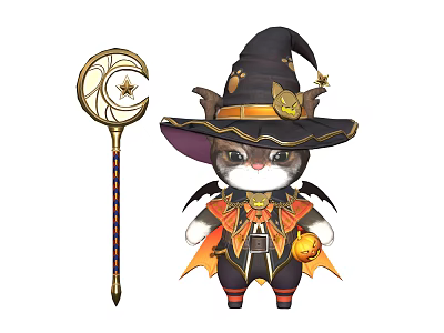Cute Cat Game and Movie Character With Witch Hat Bat Wings Pumpkin And Magic Staff 3d model