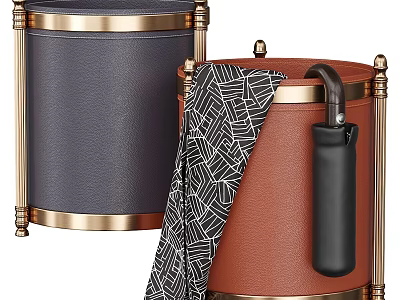 Navy Blue And Brown Storage Bins With Gold Accents Holding Folded Umbrella And Cover 3d model