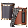 Navy Blue And Brown Storage Bins With Gold Accents Holding Folded Umbrella And Cover