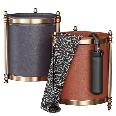 Navy Blue And Brown Storage Bins With Gold Accents Holding Folded Umbrella And Cover 3d model