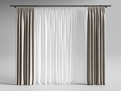 Dark Gray Velvet Curtains With White Sheer Panels And Black Curtain Rod 3d model