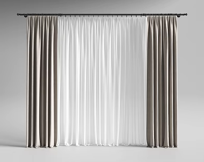 Dark Gray Velvet Curtains With White Sheer Panels And Black Curtain Rod 3d model
