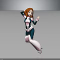 Orange Haired Female Character In Blue White Costume Dynamic Jumping Pose With Heroic Stance