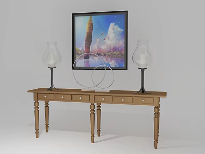Wooden Console Table with Glass Candle Holders Circular Decor Wall Painting of Tower and Sky 3d model
