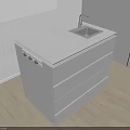 Modern Kitchen Island With Grey Cabinets White Countertop Sink Faucet Wooden Floor Blinds