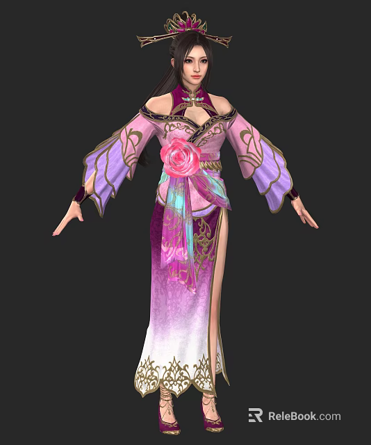 Game Movie Character Wearing Traditional Pink Purple Dress With Floral Decoration Long Sleeves And Slit 3d model 