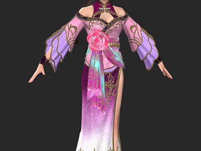 Game Movie Character Wearing Traditional Pink Purple Dress With Floral Decoration Long Sleeves And Slit 3d model