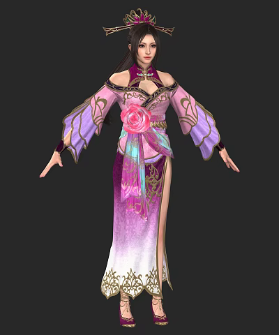 Game Movie Character Wearing Traditional Pink Purple Dress With Floral Decoration Long Sleeves And Slit 3d model
