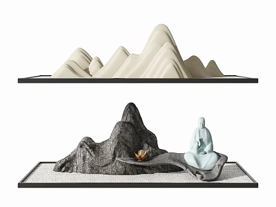 Decorative Garden Ornaments Featuring Mountain Shaped Designs White Figurine Black Tray And White Sand 3d model