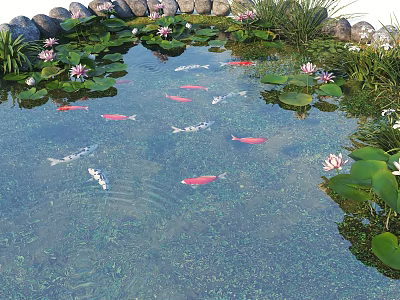 Tranquil Water Fountain With Lotus Flowers Lily Pads Koi Fish Stones And Green Plants 3d model