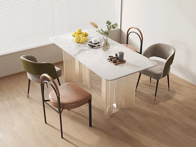 Modern Marble Top Dining Table With Colorful Chairs Fresh Fruits And Green Plant 3d model