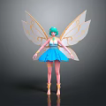 Vibrant Game Movie Fairy Character With Teal Hair Golden Wings Blue Dress And Yellow Boots