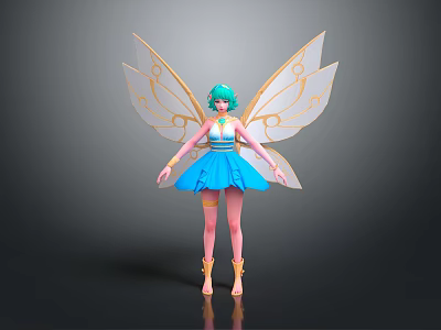 Vibrant Game Movie Fairy Character With Teal Hair Golden Wings Blue Dress And Yellow Boots 3d model