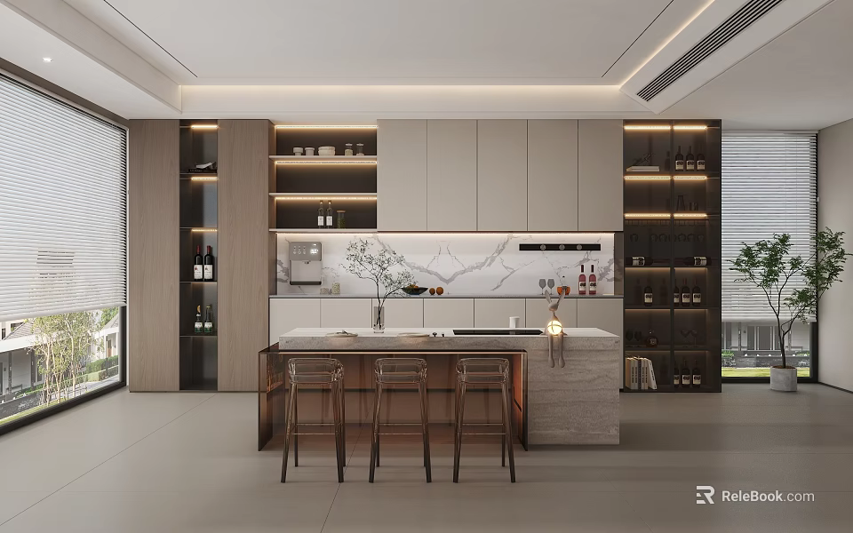 Modern Bar Area Interior Design With Marble Countertop Wooden Stools And Open Shelves Decorations 3d model 