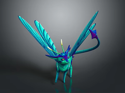 Turquoise Baby Dragon Game And Movie Character With Large Wings Horns And Purple Tail Tip 3d model