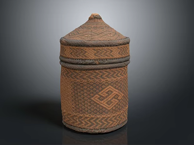 Traditional Handwoven Brown Storage Jar With Intricate Geometric Patterns And Lid 3d model