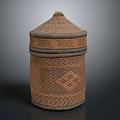 Traditional Handwoven Brown Storage Jar With Intricate Geometric Patterns And Lid