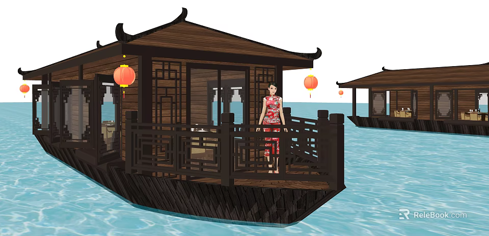 Traditional Chinese Water Pavilion Deck With Woman In Traditional Dress And Red Lanterns On Water 3d model 