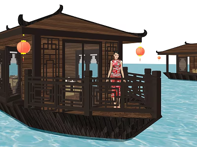 Traditional Chinese Water Pavilion Deck With Woman In Traditional Dress And Red Lanterns On Water 3d model