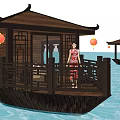 Traditional Chinese Water Pavilion Deck With Woman In Traditional Dress And Red Lanterns On Water