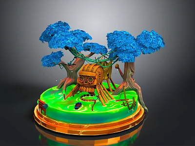 Enchanting Natural Scene With Blue Trees Tree House And Green Ground 3d model