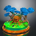 Enchanting Natural Scene With Blue Trees Tree House And Green Ground