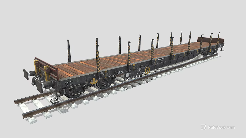 UIC Freight Train Flatbed Car Featuring Wooden Deck And Metal Stanchions On Railway Tracks 3d model 