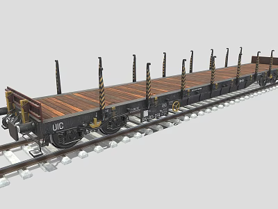 UIC Freight Train Flatbed Car Featuring Wooden Deck And Metal Stanchions On Railway Tracks 3d model