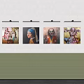 Four Diverse Portrait Paintings Display On White Wall With Striped Base And Lighting