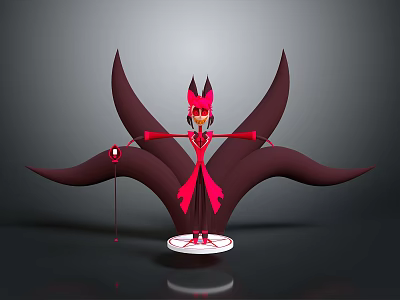 3D Character Design With Red Black Attire Large Wings Horned Headdress Staff On White Base 3d model