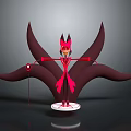 3D Character Design With Red Black Attire Large Wings Horned Headdress Staff On White Base