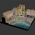 Mediterranean Building Model With Orange Roofs Balconies Street Lamp And Waterfront Outdoor Seating
