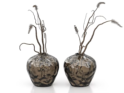 Two Dark Textured Glass Vases With Slender Branches And Spikelets Decor 3d model
