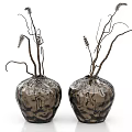 Two Dark Textured Glass Vases With Slender Branches And Spikelets Decor