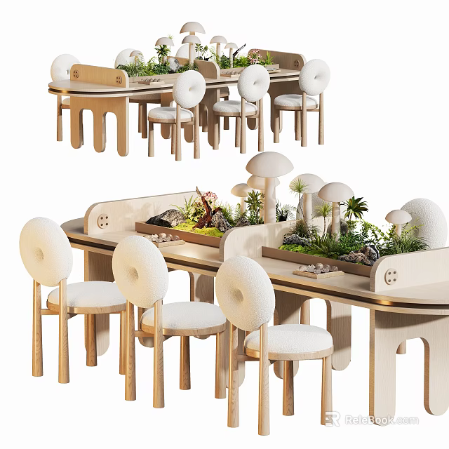 Cute Wooden Table And Chair Set With Mushroom Shaped Decor And Green Plants 3d model 