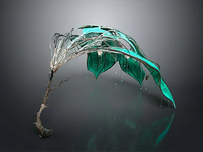 Green Leaf Sculpture With Metal Branch And Transparent Water Droplets On Gray Background 3d model