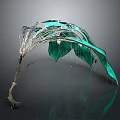 Green Leaf Sculpture With Metal Branch And Transparent Water Droplets On Gray Background
