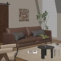 Brown Leather Multi person Sofa With Gray Pillows Black Coffee Table And Green Plant