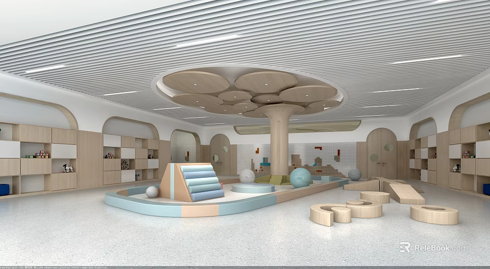 Safe Modern Kindergarten Interior Design With Creative Play Area And Soft Color Structures 3d model