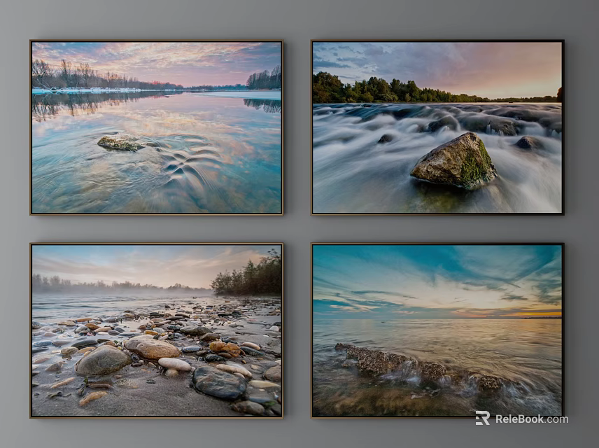 Scenic Landscape Paintings With River Stones Trees Sunset Skies And Water Surface 3d model 