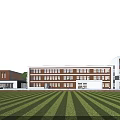 Modern School Building With Red Brick White Exterior Large Windows And Front Lawn