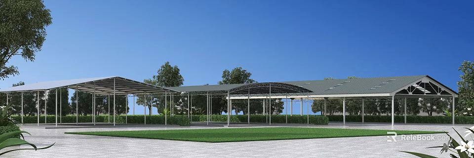 Outdoor Canopy Covering Paved Area With Green Grass Trees And Blue Sky 3d model 